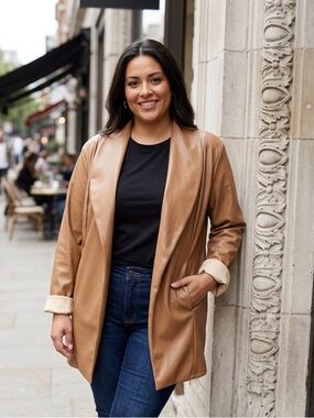 Boohoo Cognac Faux Leather Open-Front Blazer